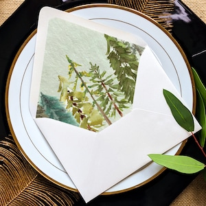 Watercolor Pine Trees Liners in Envelopes, Rustic Wedding Invitation Theme, 5x7 Euro Flap, Painted Nature Scene  - Forest A7 Envelope Liner