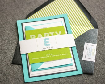 Aqua Birthday Invitations, Bar Mitzvah Invitations, Initial Wedding Invites, Striped Lime Green Invitations- "Modern Monogram" FP-2L SAMPLE