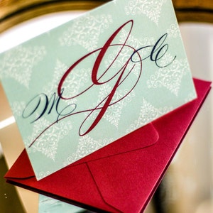 Custom Card, Winter Stationery, Holiday Thank You Card, Red and Baby Blue - "Delicate Filigree" Folded Personalized Stationery - DEPOSIT