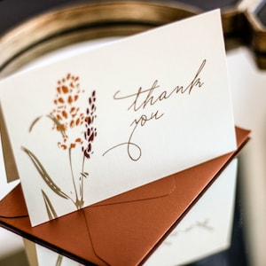 Orange and Tan, Floral Fall Stationery, Thanksgiving Wedding - "Graceful Botanic" Folded Thank You Card with Envelope - DEPOSIT
