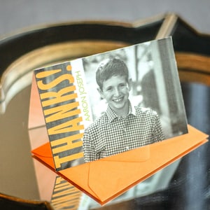 Mitzvah Thank You, Orange and Green, Photo Thank You Stationery, Mitzvah Note Card - "Modern Mitzvah" Folded Photo Thank You Cards - DEPOSIT