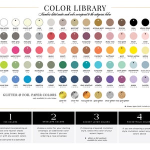 May include: A chart with color swatches for ink, envelope, accent layer, and pocketfold colors. The chart includes a variety of colors, including snow white, quartz, cream puff, opal, mist, sand, gold leaf, harvest, antique gold, cappuccino, bronze, onyx, ebony black, shadow, dark grey, real grey, silver, jupiter, red, mars, burgundy, rosebud, dusty rose, rose gold, blush, coral, rose quartz, watermelon, azalea, salmon, guava, peach, spice, copper, mandarin, sunflower, gold, factory yellow, yellow, sour apple, fairway, stern, eucalyptus, moss, forest green, emerald, peacock, turquoise, lagoon, park green, aquamarine, dusty blue, azure blue, vista, tabriz blue, sapphire, cobalt, lapis lazuli, navy, dark amethyst, violette, purple, punch, grape, kunzite, gold foil, silver foil, rose gold foil, gold glitter, silver glitter, rose gold glitter. The chart also includes the text "Color Library" and "Glitter & Foil Paper Colors".