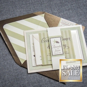 May include: A wedding invitation suite with a green and white striped design. The invitation features a starfish and the text "Cocktail Dinner" and "Amanda and Jason".