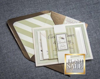 Seashell Wedding Invitations, Starfish Wedding Invites, Sage Green, Destination Invitation Printed - "Starfish & Shell" FP-1L-v3 SAMPLE