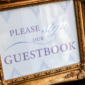Boda en violeta y azul, invitaciones de boda en tonos violeta, letrero de libro de visitas, letrero personalizado, pergamino: letrero de libro de visitas "filigrana delicada"