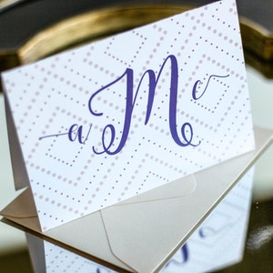 Modern Monogram Stationery, Polka Dot Note Cards, Diamond Pink and Purple - "Whimsical Calligraphy" Folded Personalized Stationery - DEPOSIT