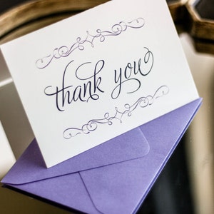 Wedding Thank You Cards, Flourish Stationery, Chic Thank Yous, Purple and Blue - "Enchanting Vintage" Folded Thank You Card - DEPOSIT