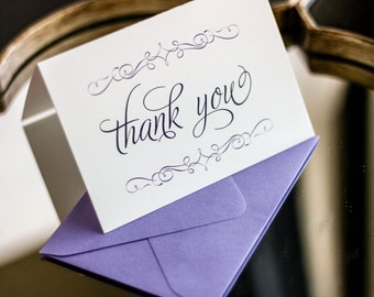 Wedding Thank You Cards, Flourish Stationery, Chic Thank Yous, Purple and Blue - "Enchanting Vintage" Folded Thank You Card - DEPOSIT