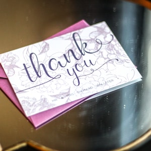 Bat Mitzvah Thank You, Purple Stationery, Floral Thank You Notes, Purple Bat Mitzvah - "Playful Calligraphy" Flat Thank You Cards - DEPOSIT