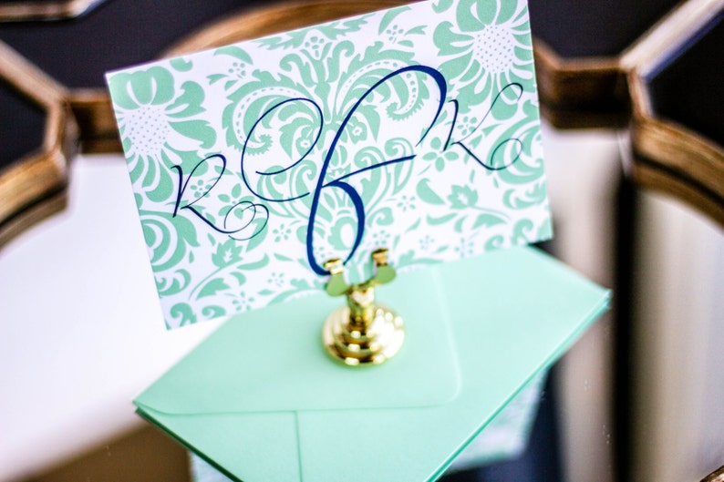 Dramatic Script Flat Personalized Stationery Correspondence Card Damask Stationery DEPOSIT Monogram Thank You Note Mint and Navy