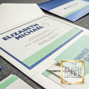 Mint Wedding Invitations, Pocketfold Invitations, Modern Invites, Destination Wedding Invitation - "Bold Striped" PF-1L-v1 SAMPLE image 1
