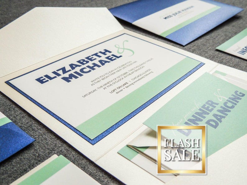 Mint Wedding Invitations, Pocketfold Invitations, Modern Invites, Destination Wedding Invitation - "Bold Striped" PF-1L-v1 SAMPLE image 1