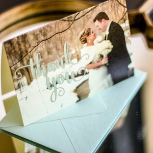 Winter Thank You Card, Winter Stationery, Wedding Thank You Note, Light Blue - "Calligraphy Chic" Folded Photo Thank You Cards - DEPOSIT