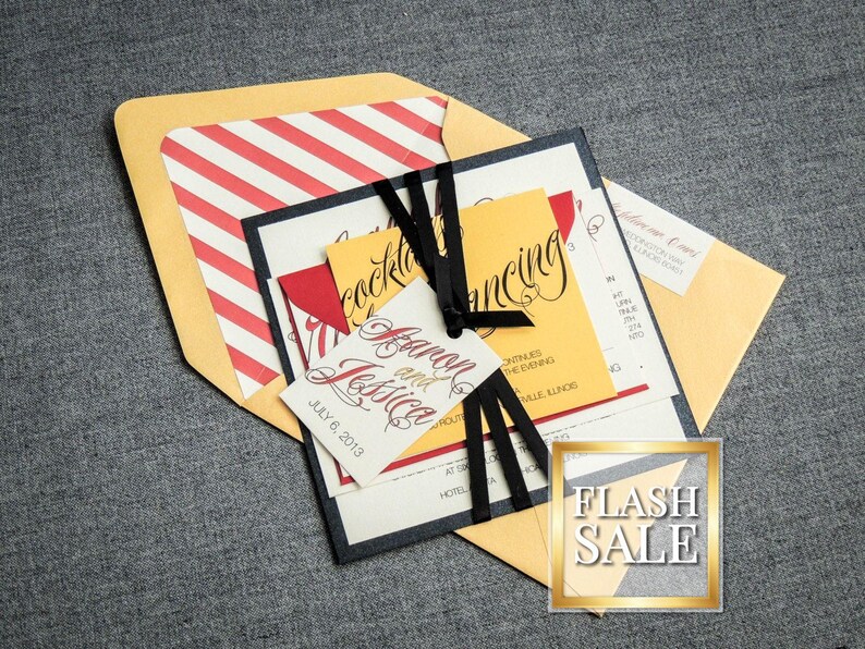 May include: A wedding invitation suite with a yellow, red, and black color scheme. The invitation features the text "Barron and Jessica" and "July 6, 2013". The RSVP card has the text "Cocktails and Dancing".