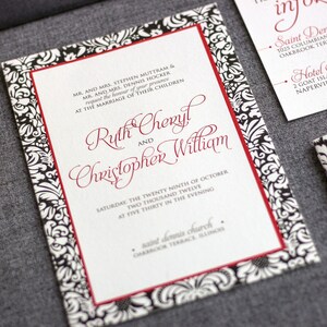 May include: A wedding invitation with a black and white damask pattern border and red trim. The invitation reads "MR. AND MRS. STEPHEN MUTTRAM & MR. AND MRS. DENNIS HOCKER request the honor of your presence AT THE MARRIAGE OF THEIR CHILDREN Ruth Cheryl and Christopher William SATURDAY THE TWENTY NINTH OF OCTOBER TWO THOUSAND TWELVE AT FIVE THIRTY IN THE EVENING saint dennis church OAKBROOK TERRACE, ILLINOIS"