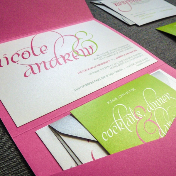 Pink and Green Invitation, Hot Pink Bat Mitzvah Invites, Preppy Invitation, Lime Destination Wedding - "Dramatic Script" PF-NL-v3 SAMPLE