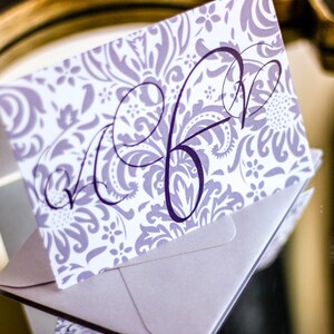 Lilac and Purple, Damask Stationery, Initial Stationery, Personalized Thank You - "Dramatic Script" Folded Personalized Stationery - DEPOSIT