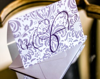 Lilac and Purple, Damask Stationery, Initial Stationery, Personalized Thank You - "Dramatic Script" Folded Personalized Stationery - DEPOSIT