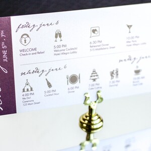 Invitaciones de boda en tonos morados, papelería en tonos ciruela y gris, boda moderna, tarjeta para eventos de fin de semana - Itinerario de fin de semana de "Caligrafía moderna" - DEPÓSITO