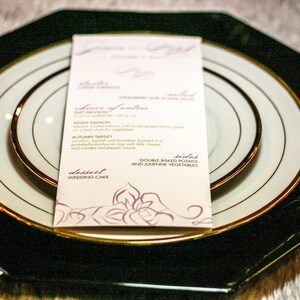 Elegant Reception Menus, Purple Wedding, Lilac, Lavender and Gold, Dinner Menus - "Elegant Lotus and Swirl" Flat Menu, No Layers - DEPOSIT