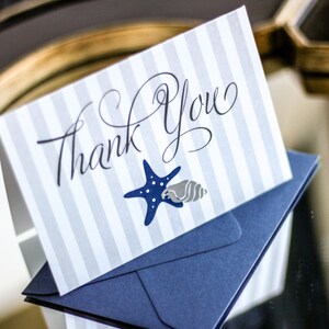 Beach Wedding, Nautical Stationery, Starfish Card, Navy Blue and Grey - "Starfish and Shell" Folded Thank You Card with Envelope - DEPOSIT