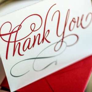 Red and Grey, Modern Wedding Stationery, Elegant Thank Yous - "Modern Swirl and Flourish" Folded Thank You Card with Envelope - DEPOSIT