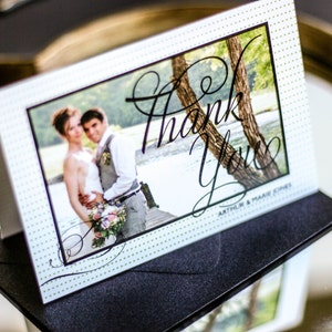 Wedding Thank You Cards, Polka Dot Thank You, Black and Lime Green, Fun - "Modern Swirl and Flourish" Folded Photo Thank You Cards - DEPOSIT