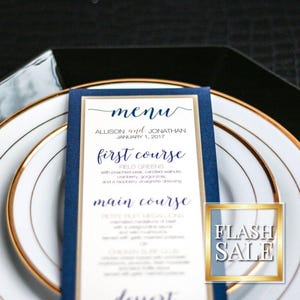 Navy Blue and Gold Wedding, Wedding Menu, Gold Wedding, Table Settings, Modern Menu - &quot;Whimsical Calligraphy&quot; Flat Menu, 2 Layers - DEPOSIT