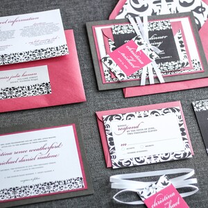 Black and Pink Invitations, Classic Wedding Invitation with Ribbon, Custom Wedding Invitation Suite Elegant Damask FP-2L SAMPLE image 3