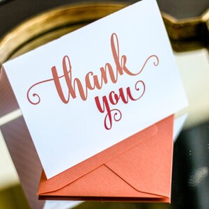 Coral and Peach, Bridesmaid Gift Sets, Calligraphy Thank You, Wedding Thank You Card - "Calligraphy Chic" Folded Thank You Card - DEPOSIT