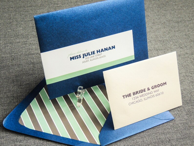 Mint Wedding Invitations, Pocketfold Invitations, Modern Invites, Destination Wedding Invitation - "Bold Striped" PF-1L-v1 SAMPLE image 4