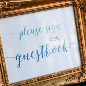Cartello per libro degli ospiti per matrimonio, cartello per matrimonio personalizzato, cartello calligrafico, hashtag matrimonio, blu e verde acqua - Cartello per libro degli ospiti "calligrafia stravagante"