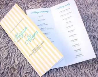 Beach Wedding Programs, Destination Wedding Programs, Yellow and Aqua Wedding Invitations - "Sophisticated Stripe" Booklet Program - DEPOSIT