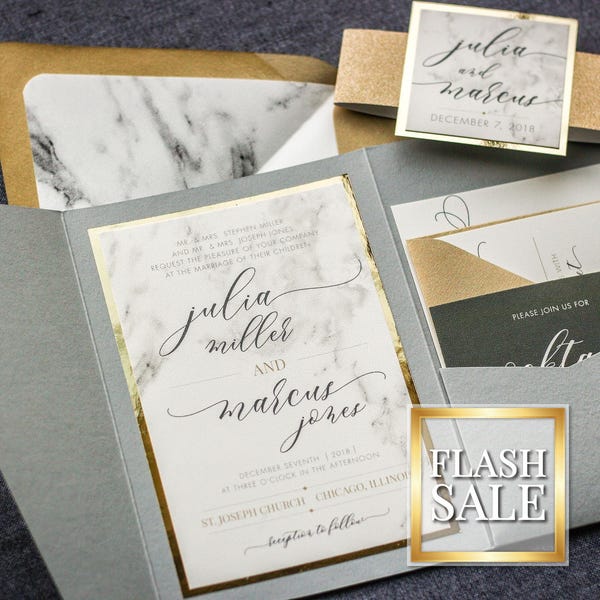 Luxury Wedding Invitation, Modern Marble & Gold Foil Invitations, Elegant Custom Pocket Invites,  | Sample of "Modern Elegance" Design