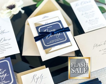 Vintage Wedding Invitation, Regal Navy & Gold, Modern Calligraphy, Royal Blue Velvet Ribbon, Formal Invite | Sample of "Vintage Glam" Design