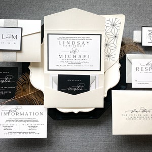 Modern Calligraphy Custom Wedding Invitation, Black and White Pocketfold Invite Printed, Pocket Invitations Timeless Elegance PF-1L SAMPLE image 4