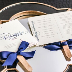 Pink and Navy Ceremony Programs, Fan Programs, Formal Event, Navy Blue Stationery, Scroll Design Delicate Filigree Fan Program DEPOSIT image 3