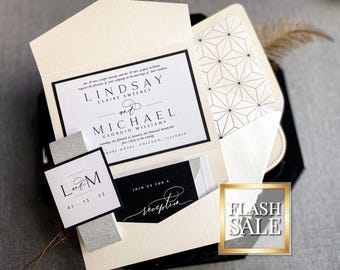 Elegant Custom Wedding Invitations, Black & White Formal Invite Printed, Pocket Invites, Black Tie | Sample of &quot;Timeless Elegance&quot; Design