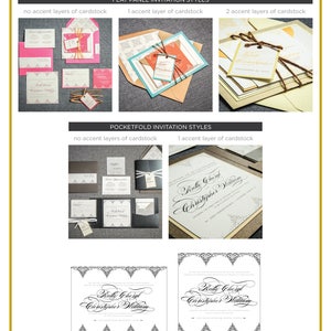 May include: Invitation design examples featuring a delicate filigree pattern. The designs are shown in different styles, including flat panel and pocketfold, with varying numbers of cardstock layers. The pocketfold designs are available in two sizes: 5 inches by 7 inches and 6 inches by 6 inches.