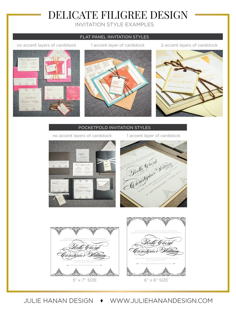 May include: Invitation design examples featuring a delicate filigree pattern. The designs are shown in different styles, including flat panel and pocketfold, with varying numbers of cardstock layers. The pocketfold designs are available in two sizes: 5 inches by 7 inches and 6 inches by 6 inches.