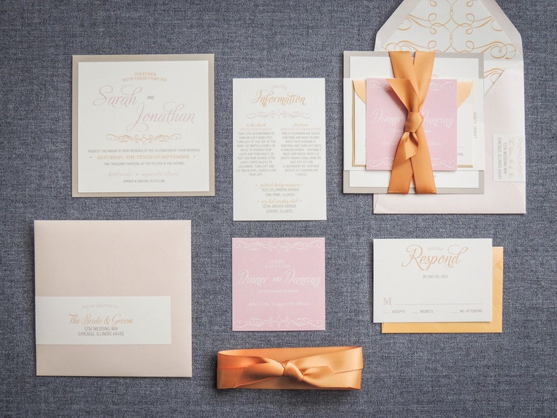 Rustic Pink Invitations, Blush and Gold Wedding Invites, Layered Wedding Invitation, Baby Shower Enchanting Vintage FP-1L-v2 SAMPLE image 2