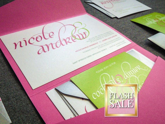 Pink and Green Invitation, Hot Pink Bat Mitzvah Invites, Preppy Invitation, Lime Destination Wedding - "Dramatic Script" PF-NL-v3 SAMPLE