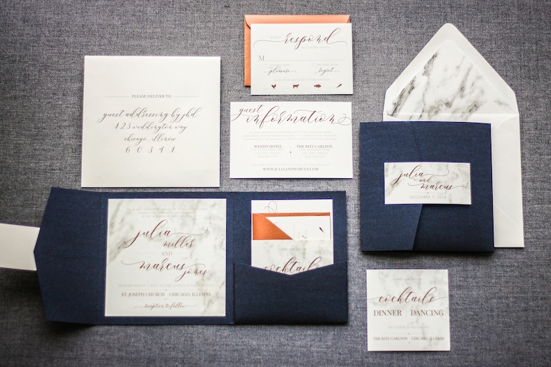 Custom Invitation, Wedding Invitations, Navy Blue Wedding, Modern Marble Blue and Copper Set with Name Tag Modern Elegance PF-NL SAMPLE image 5