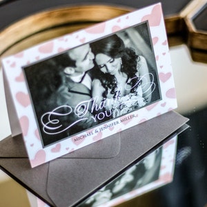 Blush and Grey, Valentines Day Wedding, Picture Thank You Card, Cute Stationery - "Romantic Flourish" Folded Photo Thank You Cards - DEPOSIT
