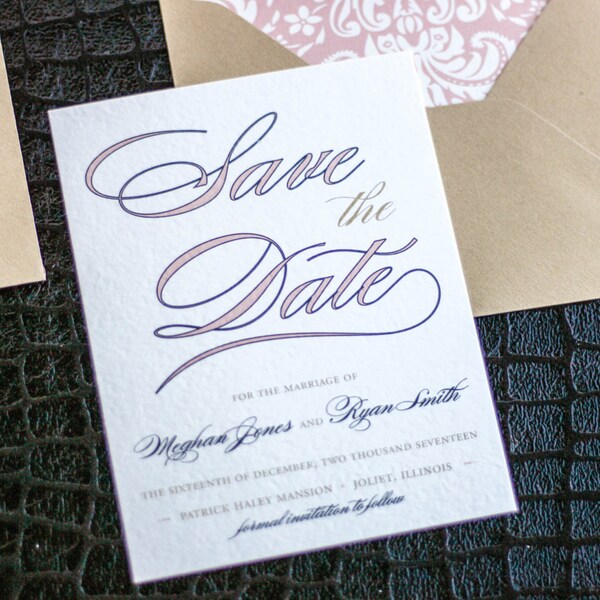 Damask Invitations, Elegant Invitations, Blush and Navy Event, Calligraphy - "Classic Romance" Save the Date Card with Envelope - DEPOSIT