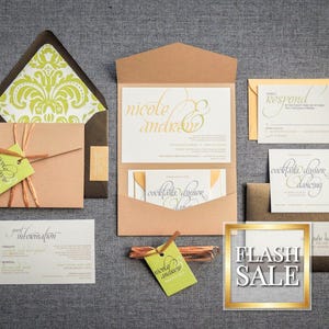 May include: A set of wedding invitations with a rustic brown and green color scheme. The invitations feature a handwritten font and a floral design. The text on the invitations reads "Nicole & Andrew".