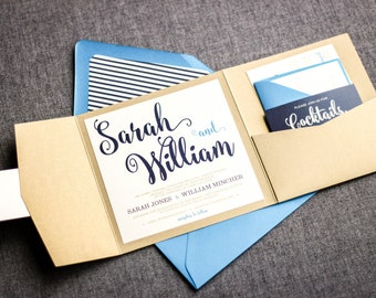 Navy Blue and Gold Wedding Invitations, Nautical Beach Wedding Invitation, Pocketfold Invitation Suite - "Calligraphy Chic" PF-NL-v2 SAMPLE