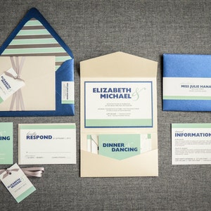 Mint Wedding Invitations, Pocketfold Invitations, Modern Invites, Destination Wedding Invitation - "Bold Striped" PF-1L-v1 SAMPLE image 2