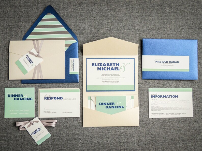 Mint Wedding Invitations, Pocketfold Invitations, Modern Invites, Destination Wedding Invitation - "Bold Striped" PF-1L-v1 SAMPLE image 2