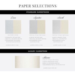 May include: A chart showing different paper options for invitations. The options include Linen, Signature, Smooth, and Shimmer. Each paper option has a description of its weight, finish, and printing recommendations.